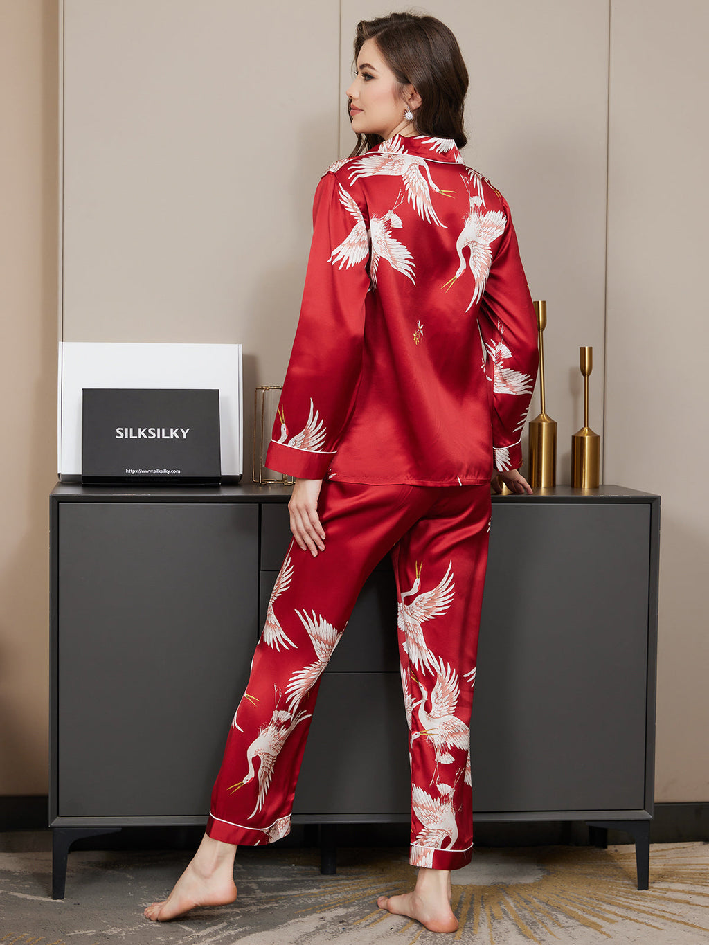 19Momme Women's Silk Crane Print Full Length Pajama Set