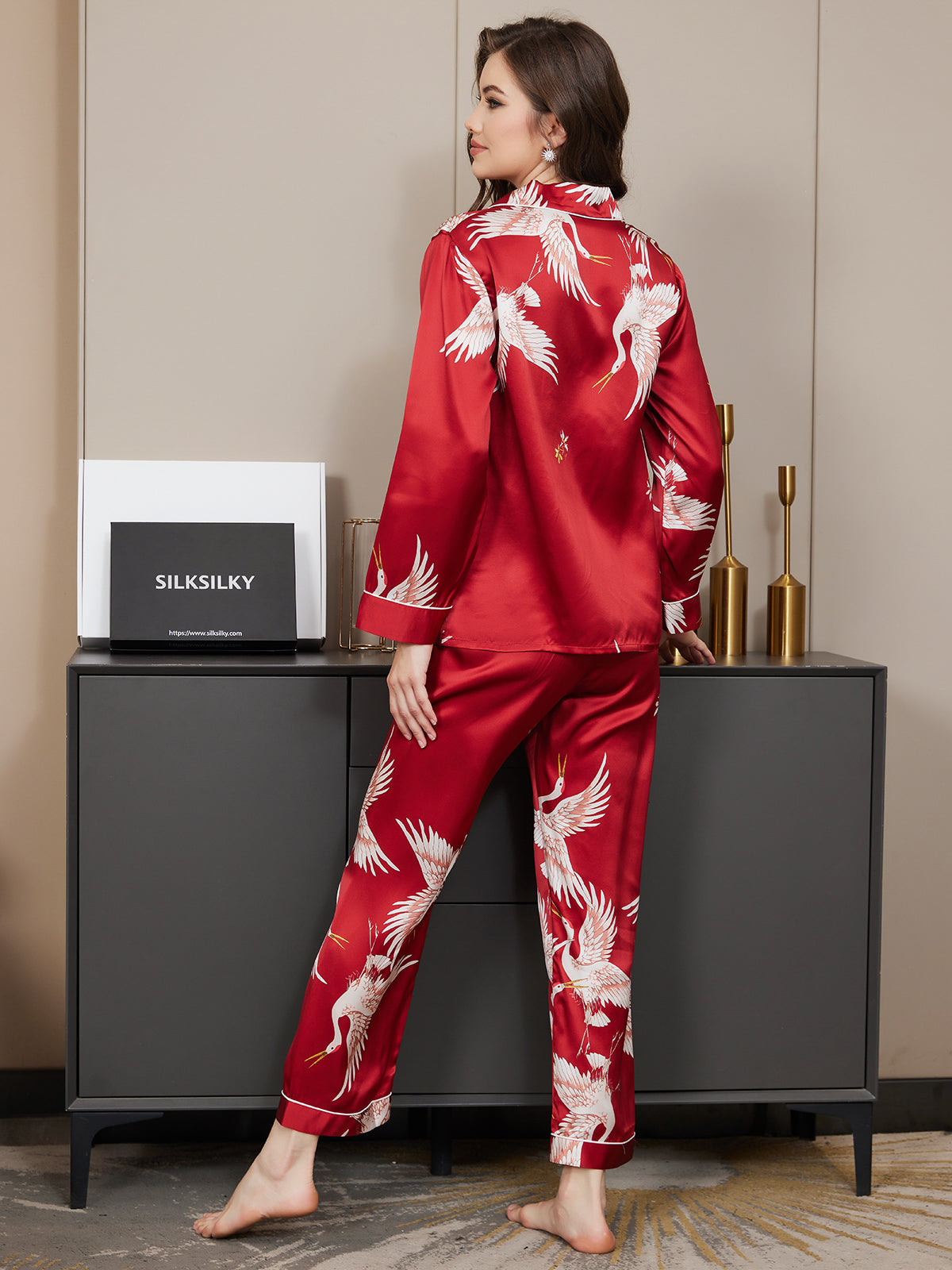 19Momme Women's 100% Mulberry Silk Crane Print Full Length Pajama Set