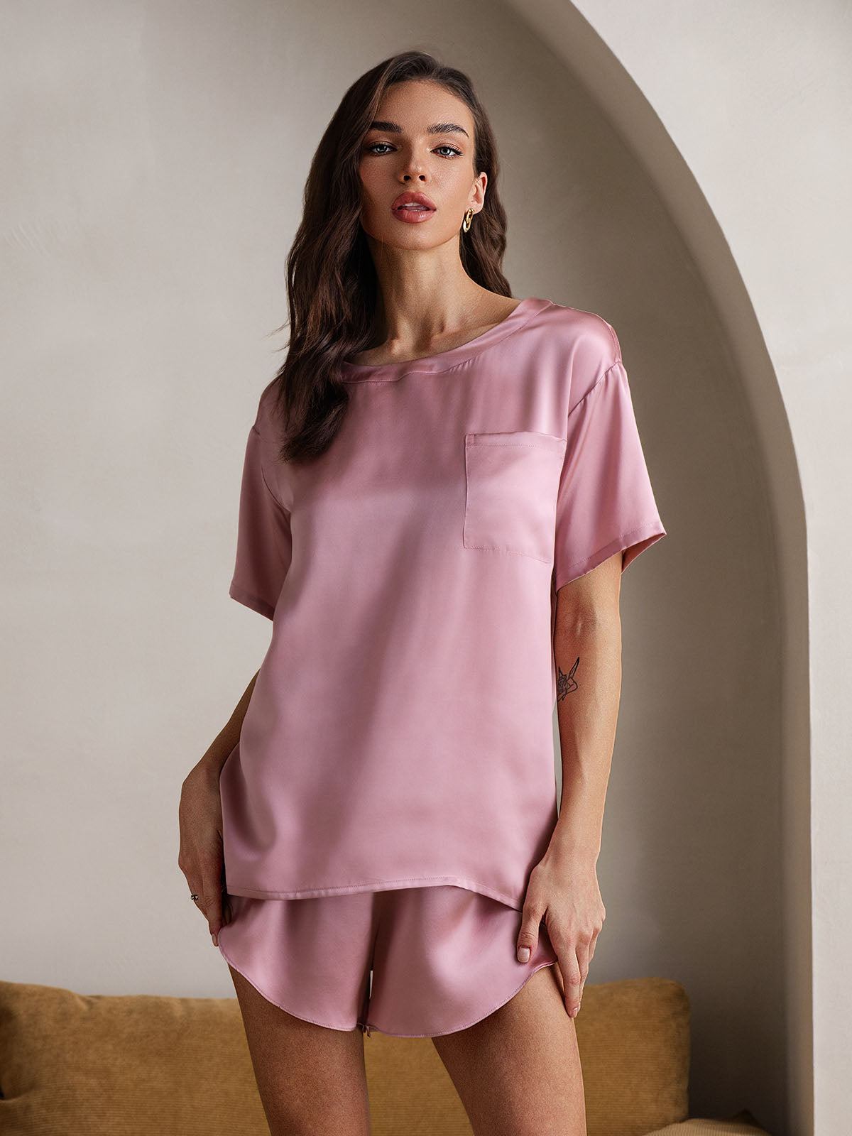 Women's Silk Oversized Tee Short Pajama Set