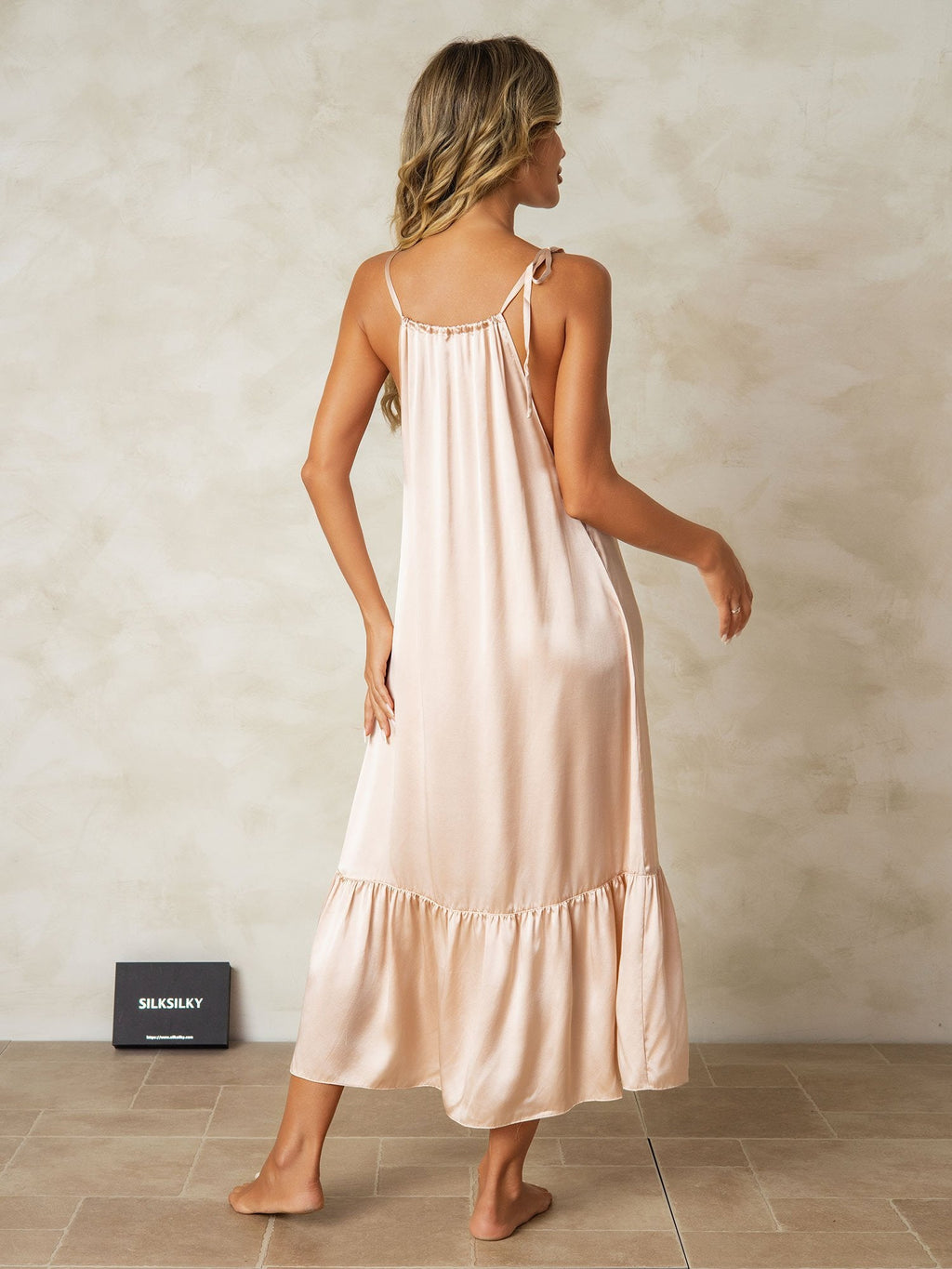 Pure Silk Midi Keyhole Neck Spaghetti Straps Nightgown with Ruffle Hem