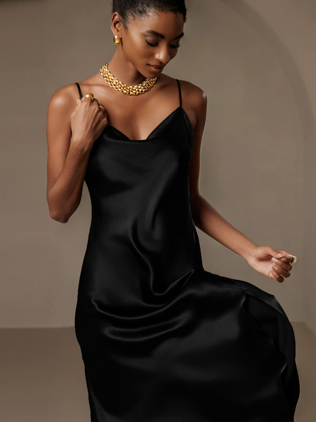 Pure Silk Spaghetti strap Cowl Neck Midi Nightgown
