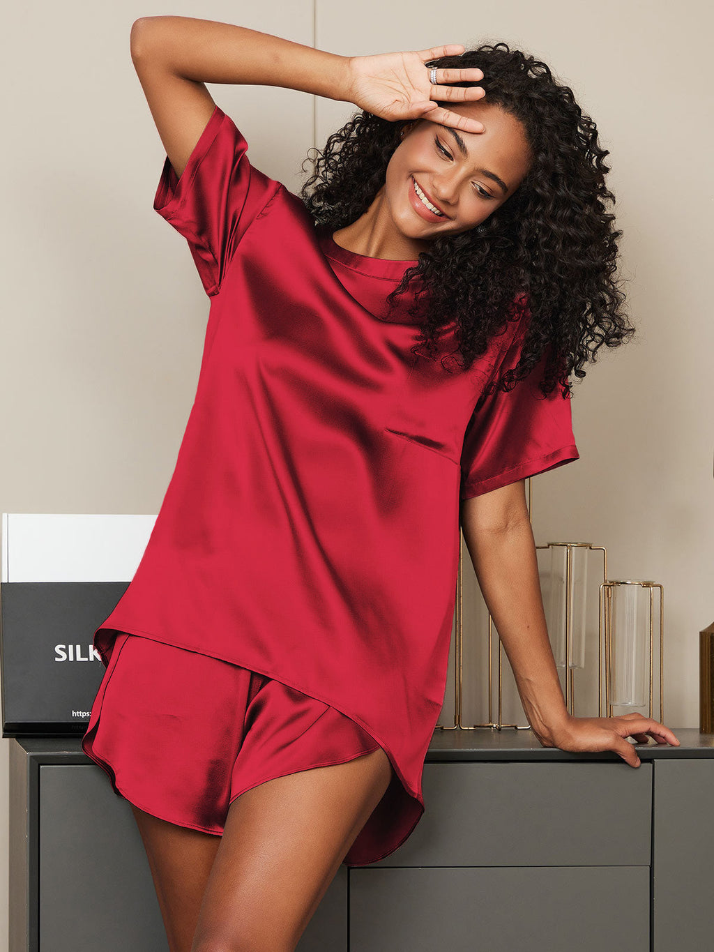Women's Silk Oversized Tee Short Pajama Set