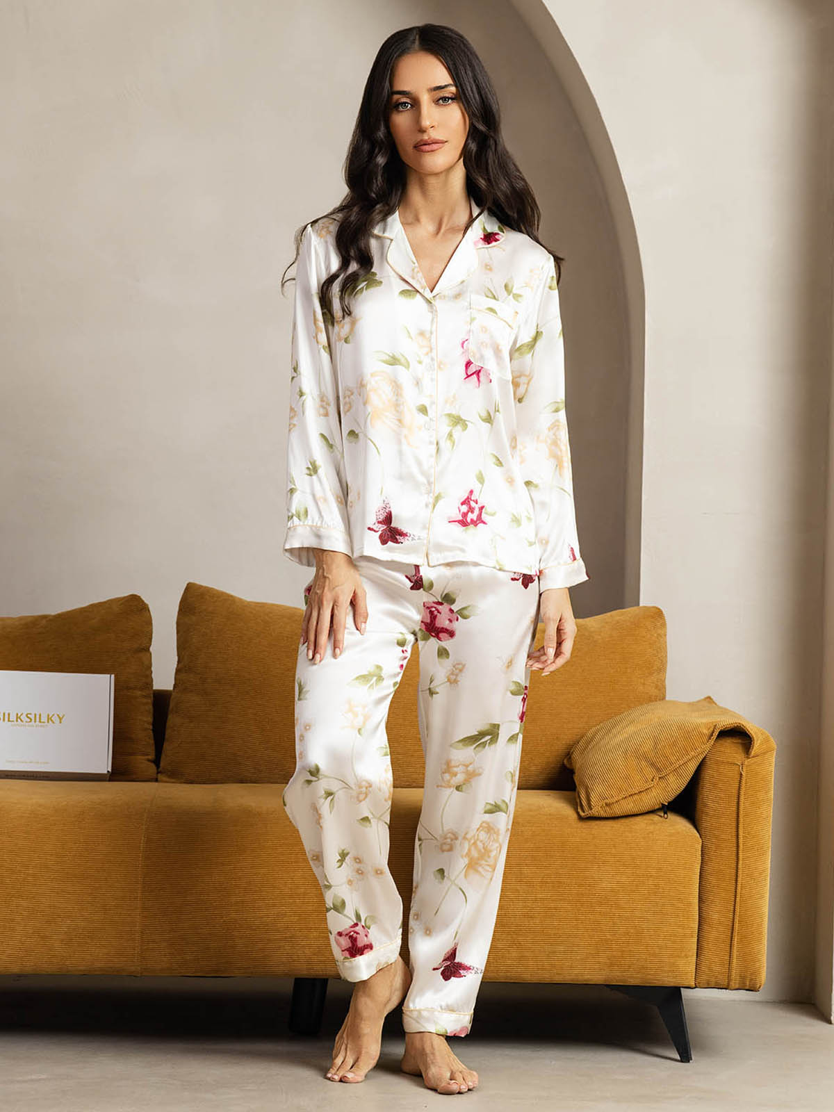 Pure Silk Binding Trim Pajamas Set 2Pcs