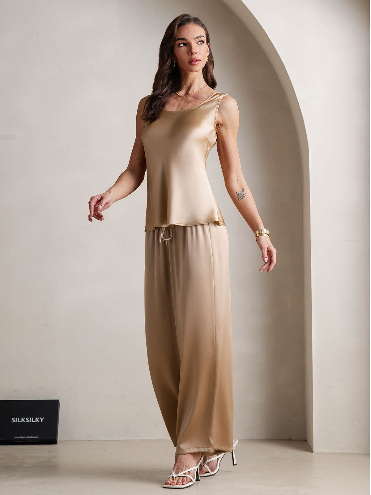 Pure Silk Tank Top & Wide Leg Pants Pajama Set