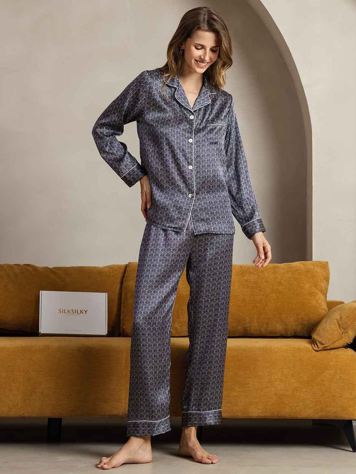 Pure Silk Binding Trim Classic Pajamas Set 2Pcs