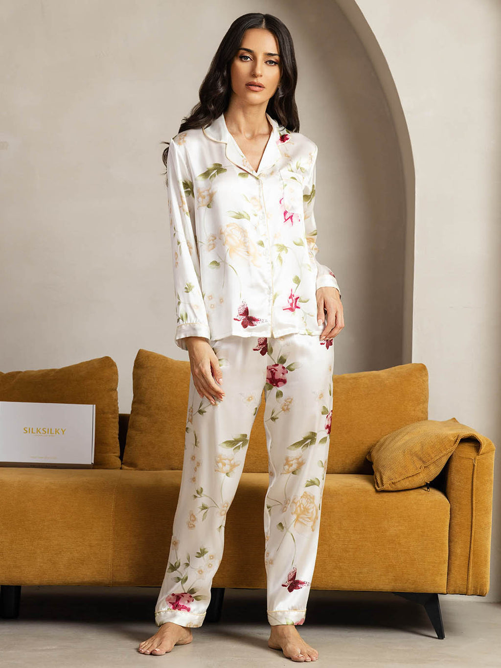 Pure Silk Binding Trim Pajamas Set 2Pcs