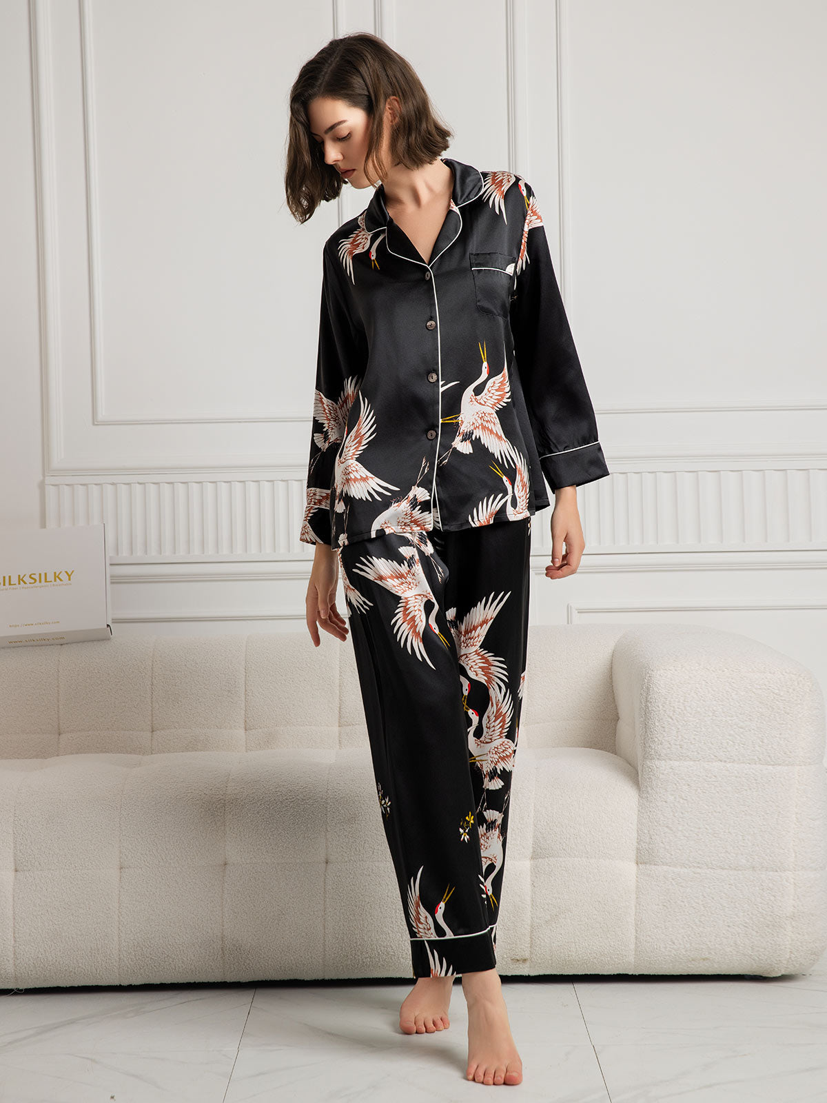 19Momme Women's 100% Mulberry Silk Crane Print Full Length Pajama Set