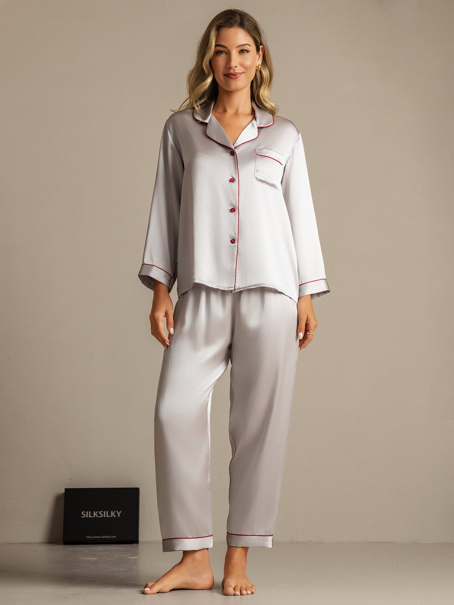 Pure Silk Binding Trim Pajamas Set 2Pcs