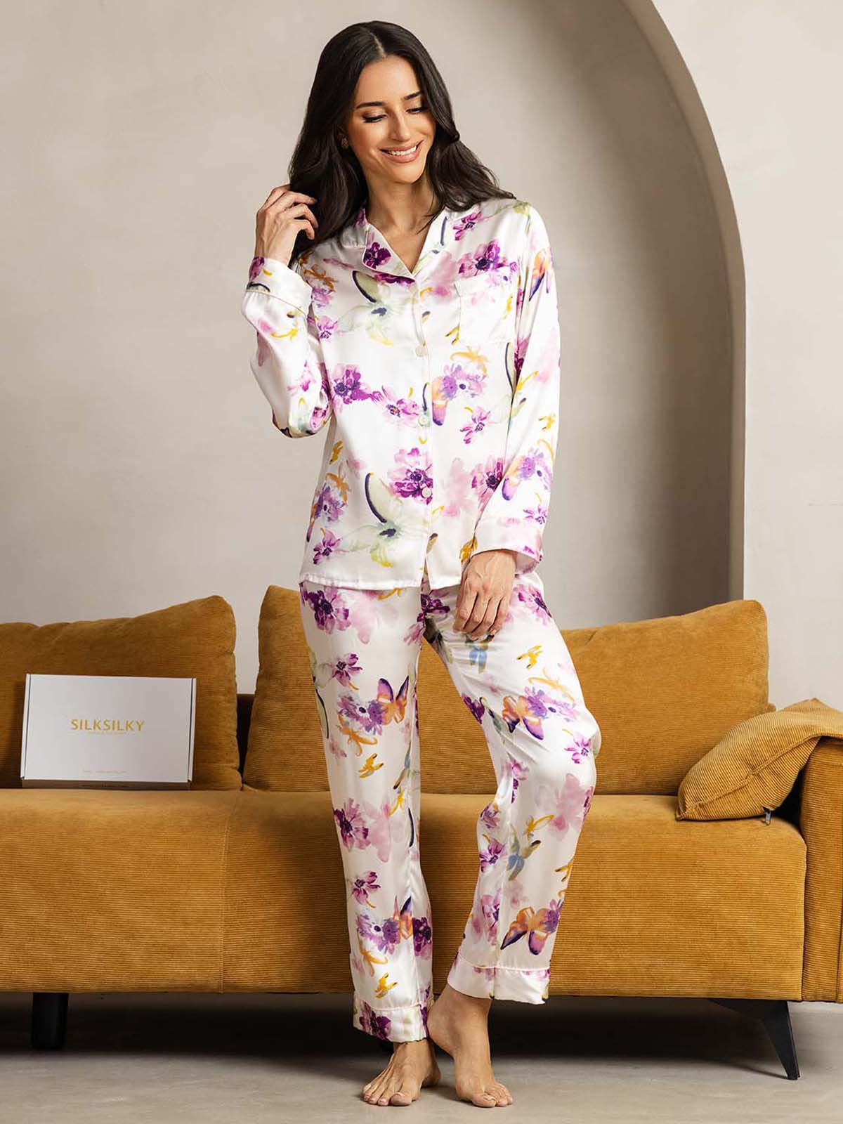 Pure Silk Binding Trim Pajamas Set 2Pcs