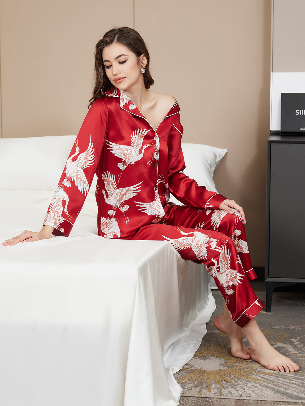 19Momme Women's 100% Mulberry Silk Crane Print Full Length Pajama Set