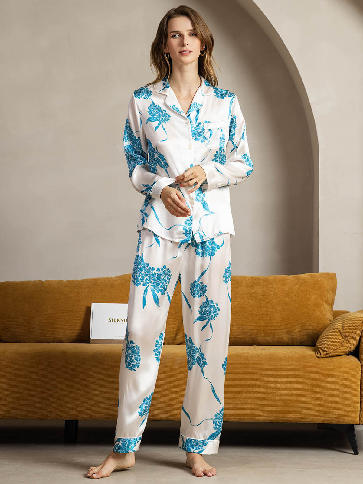 Pure Silk Binding Trim Pajamas Set 2Pcs