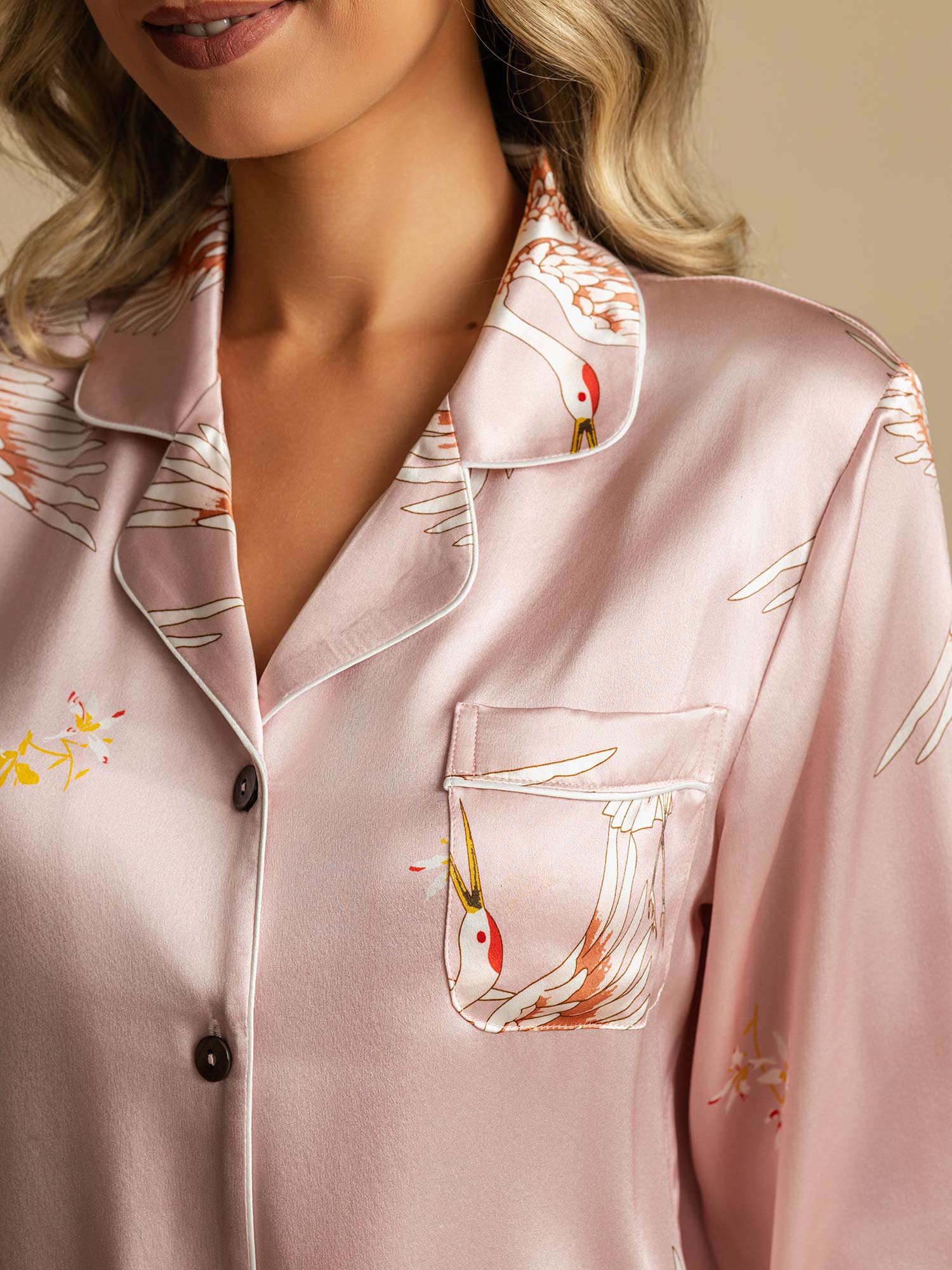 19Momme Women's 100% Mulberry Silk Crane Print Full Length Pajama Set