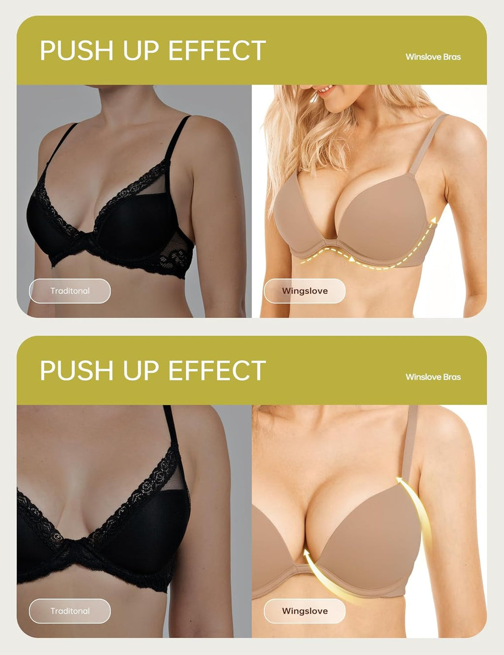 Push Up Bra Deep V Plunge Underwire T-Shirt Bra Multiway 2 Cups Up