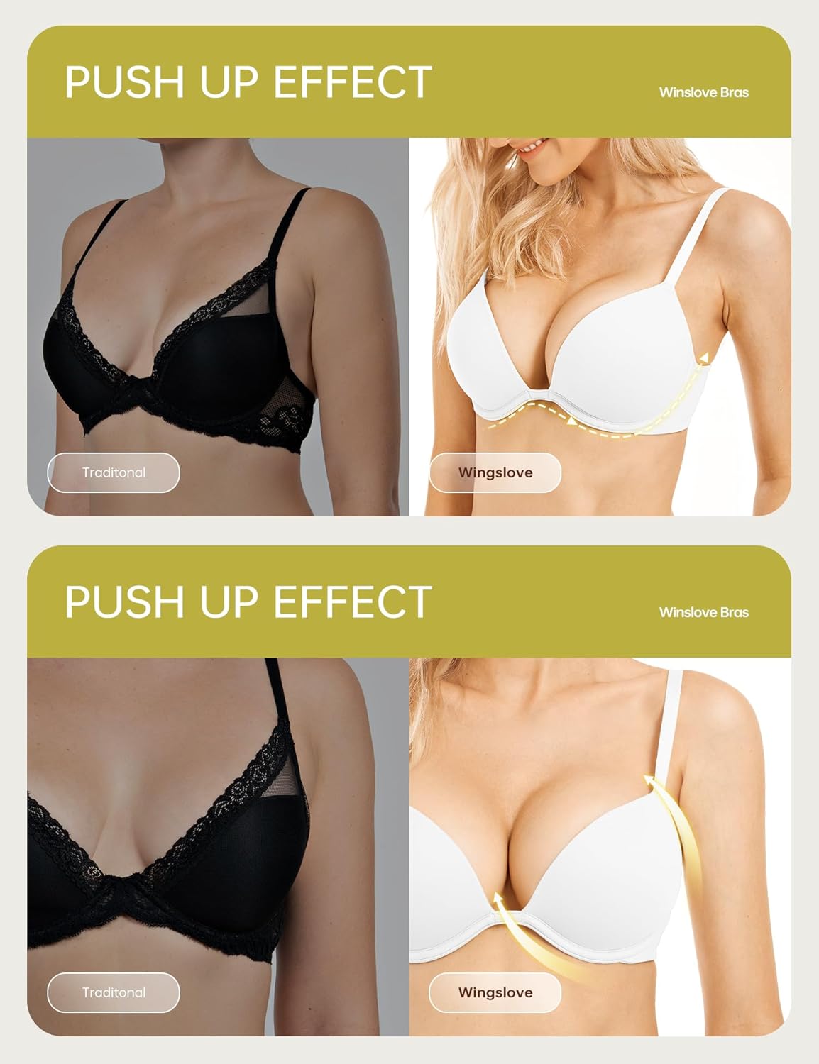 Push Up Bra Deep V Plunge Underwire T-Shirt Bra Multiway 2 Cups Up