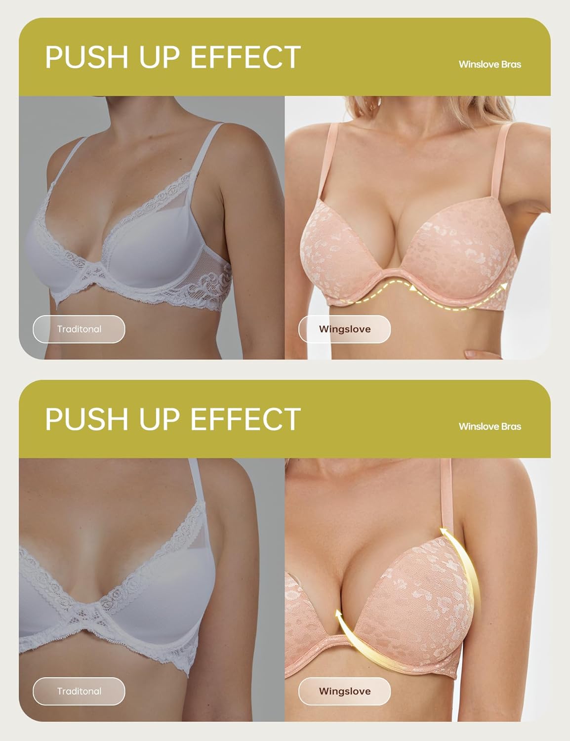 Push Up Bra Deep V Plunge Underwire T-Shirt Bra Multiway 2 Cups Up