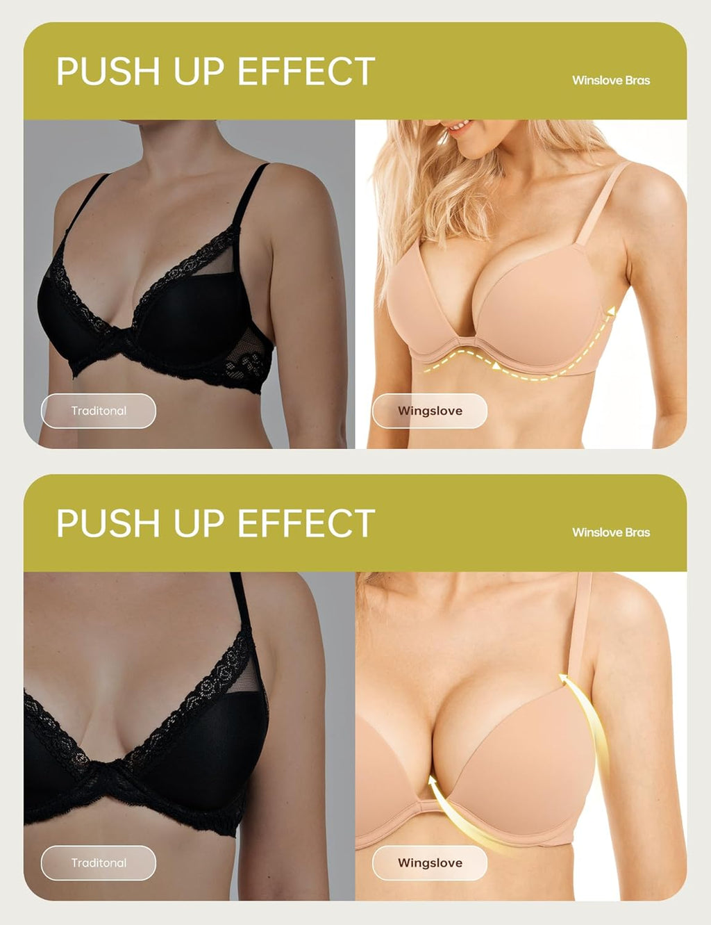 Push Up Bra Deep V Plunge Underwire T-Shirt Bra Multiway 2 Cups Up