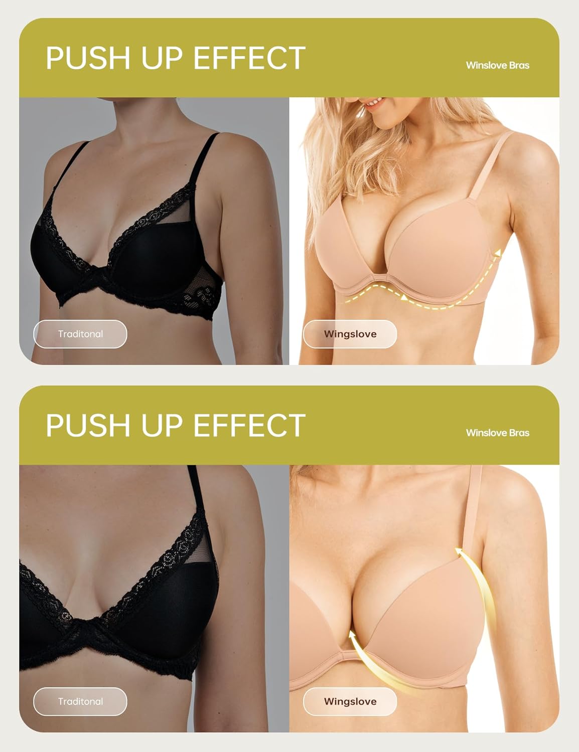 Push Up Bra Deep V Plunge Underwire T-Shirt Bra Multiway 2 Cups Up