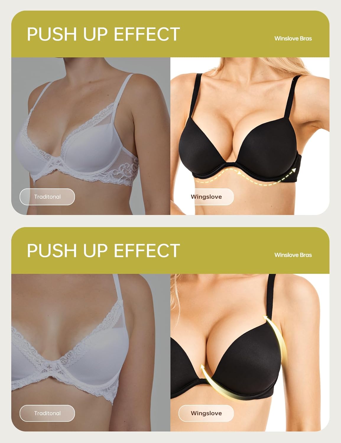 Push Up Bra Deep V Plunge Underwire T-Shirt Bra Multiway 2 Cups Up