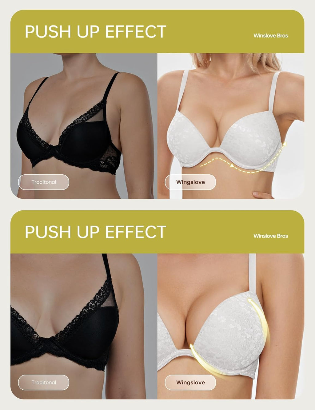 Push Up Bra Deep V Plunge Underwire T-Shirt Bra Multiway 2 Cups Up