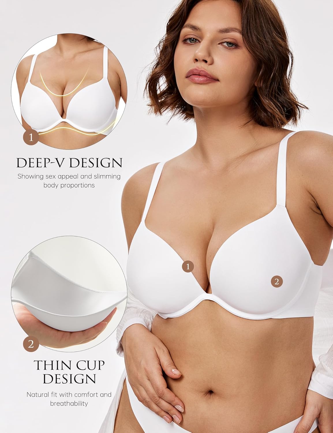 Push Up Bra Deep V Plunge Underwire T-Shirt Bra Multiway 2 Cups Up