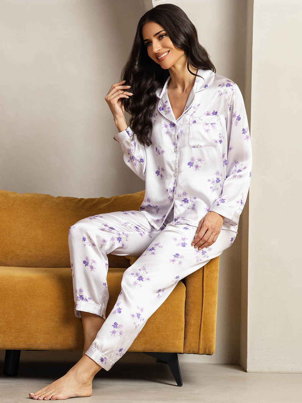 Pure Silk Binding Trim Classic Pajamas Set 2Pcs