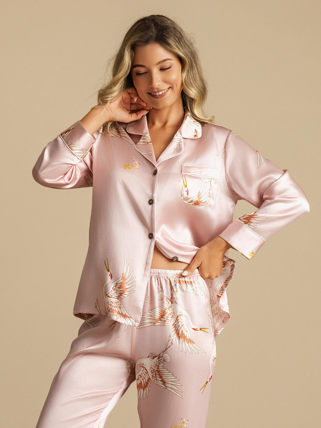 19Momme Women's 100% Mulberry Silk Crane Print Full Length Pajama Set