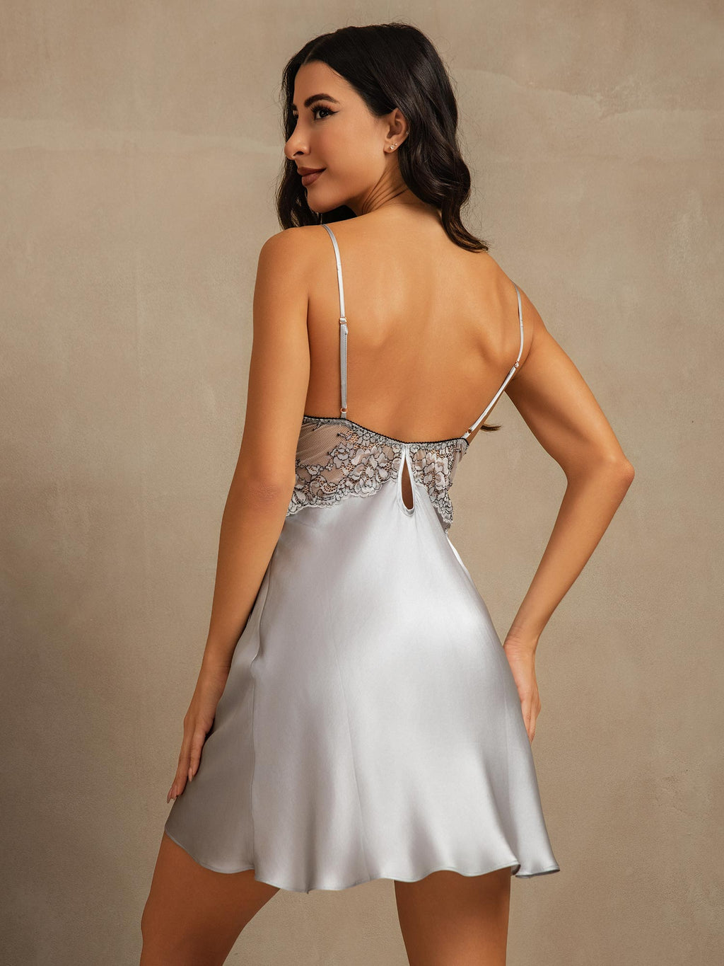 Pure Silk Spaghetti Strap V-neck Mini Nightgown with Lace Backless Design