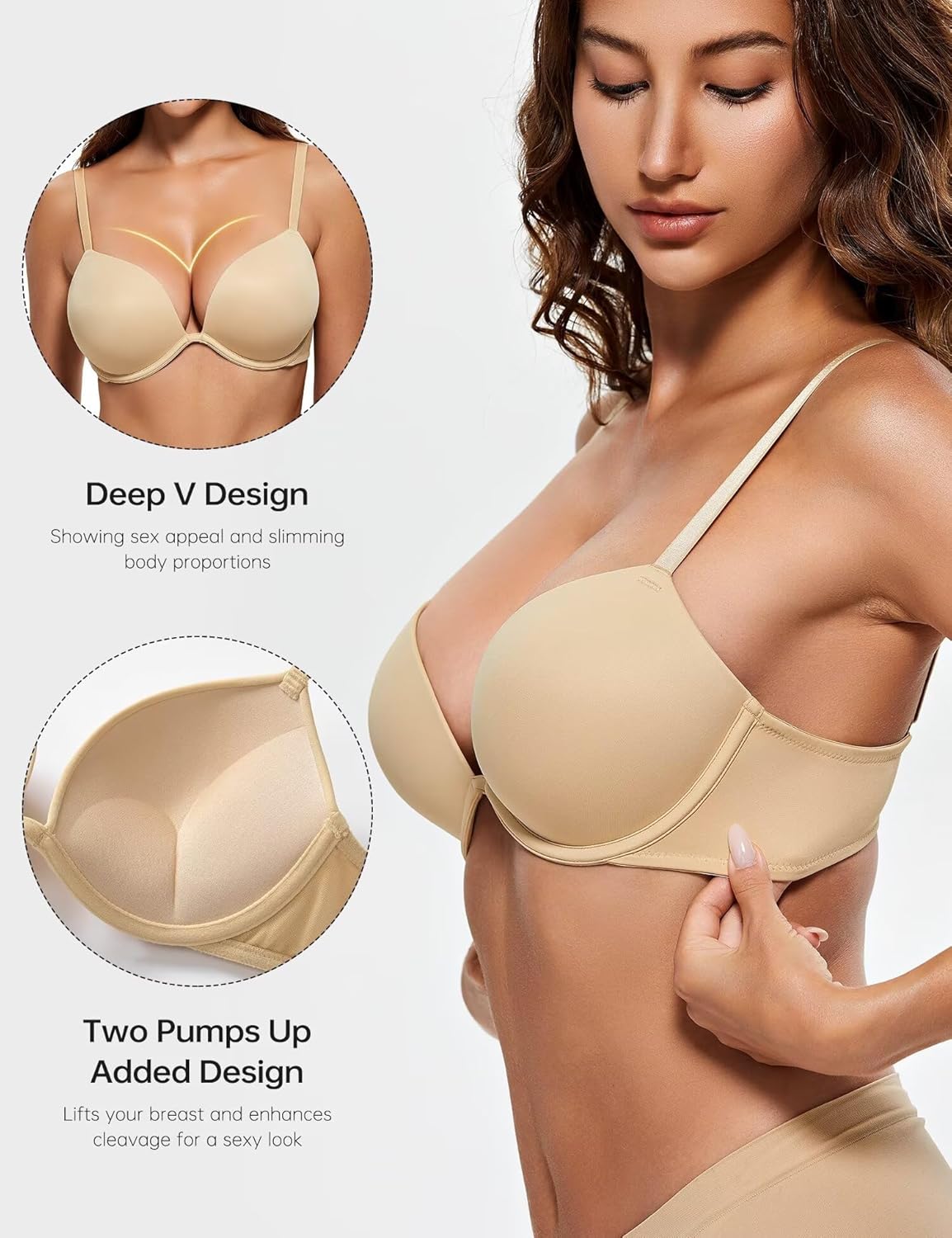 Push Up Bra Deep V Plunge Underwire T-Shirt Bra Multiway 2 Cups Up