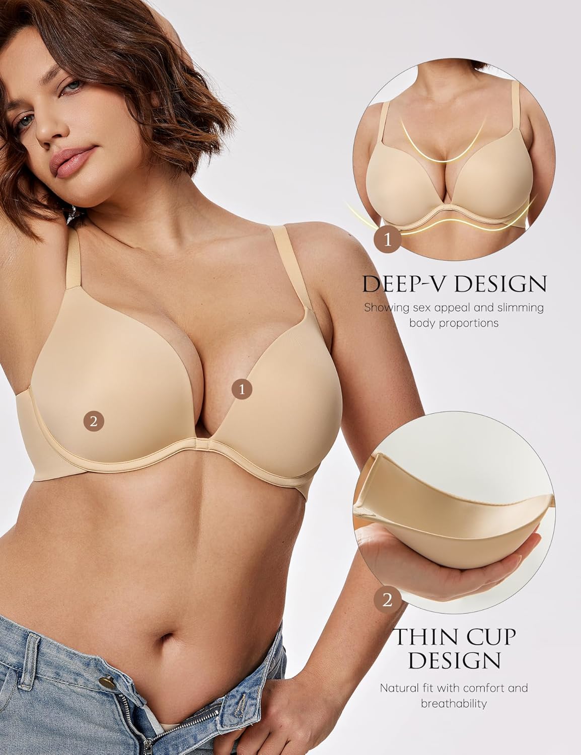 Push Up Bra Deep V Plunge Underwire T-Shirt Bra Multiway 2 Cups Up