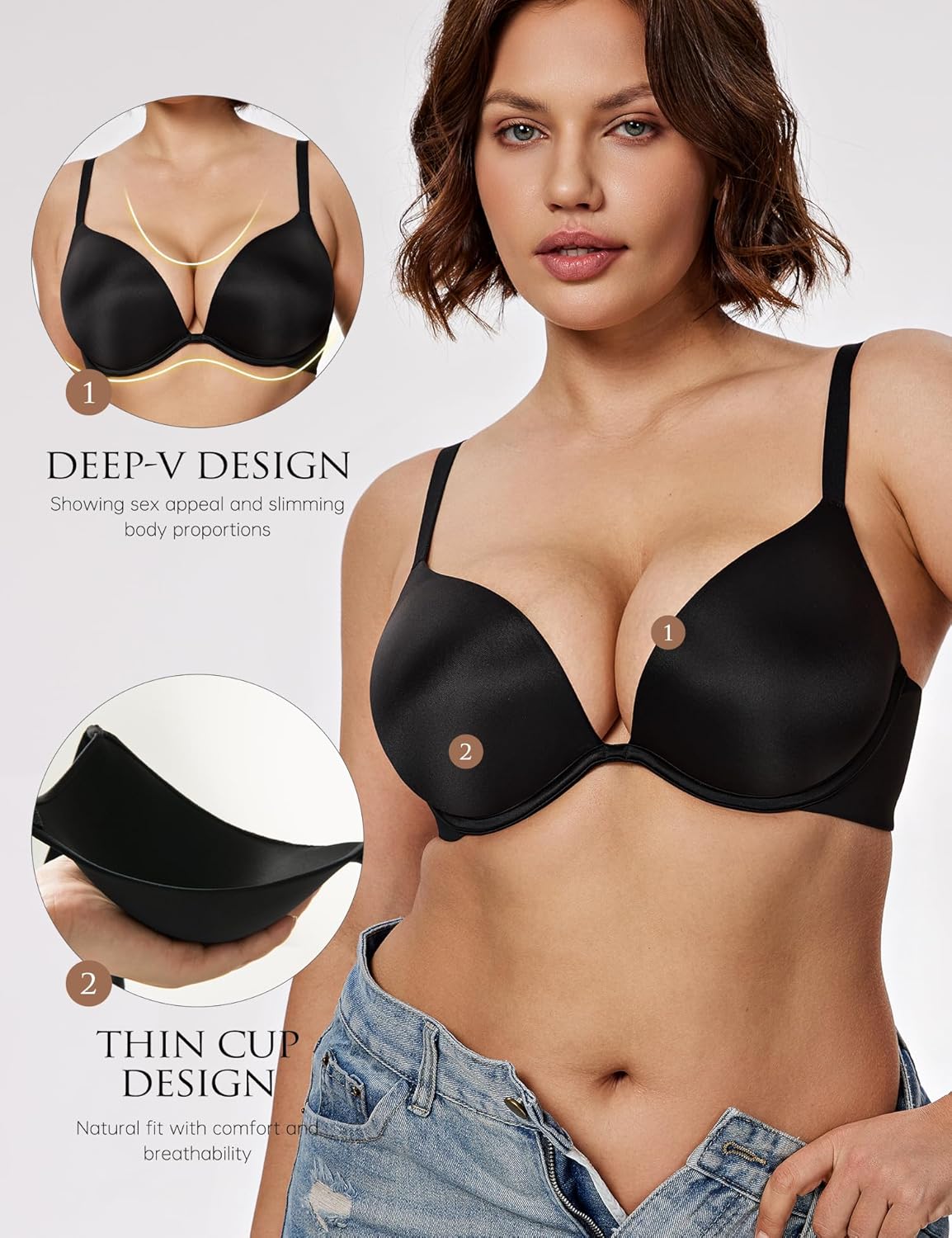 Push Up Bra Deep V Plunge Underwire T-Shirt Bra Multiway 2 Cups Up