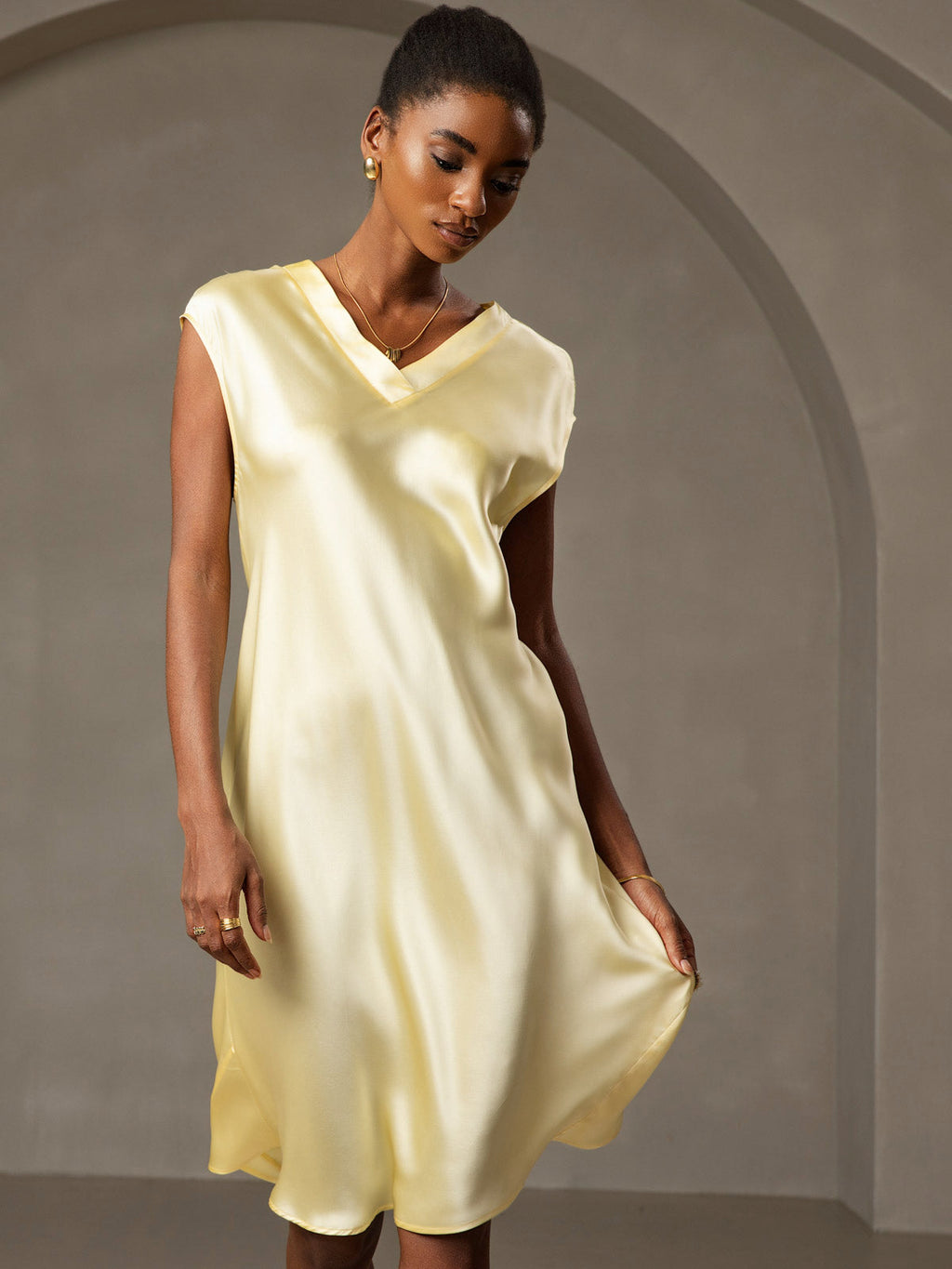 Pure Silk Cap Sleeve V-neck Knee Nightgown
