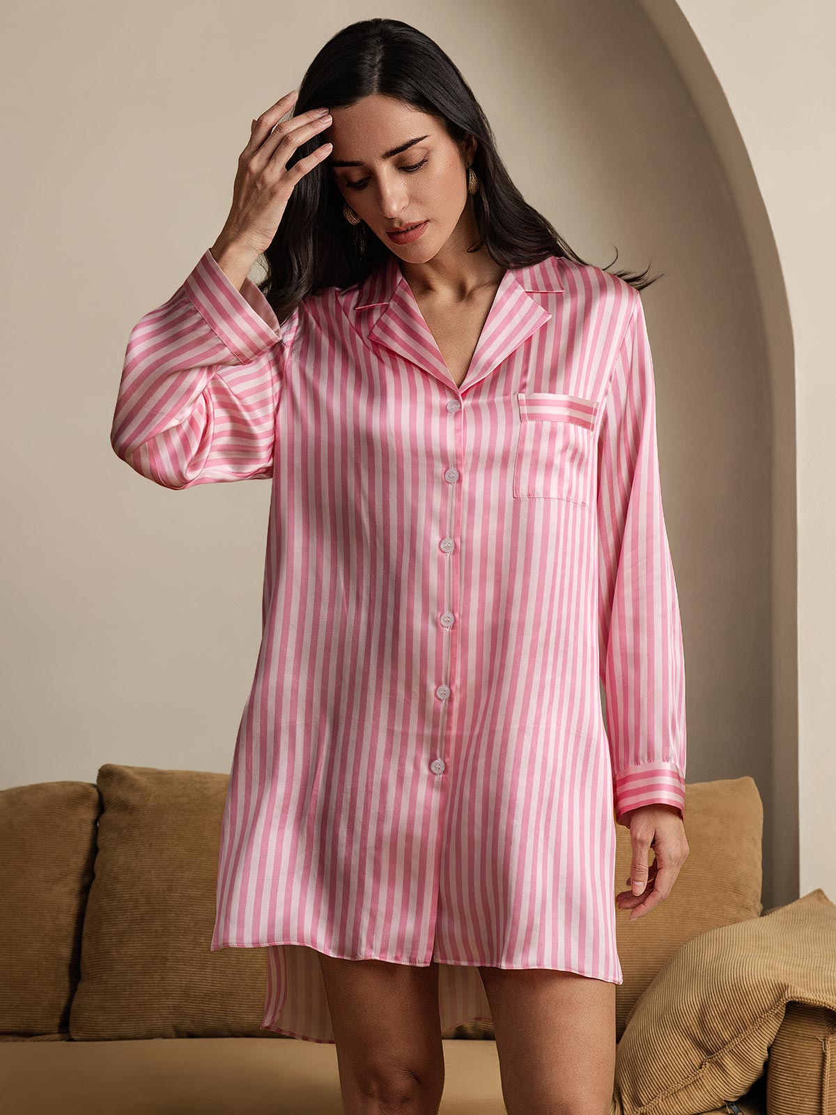 Pure Silk Stripe Print Nightshirt with High-Low Hem