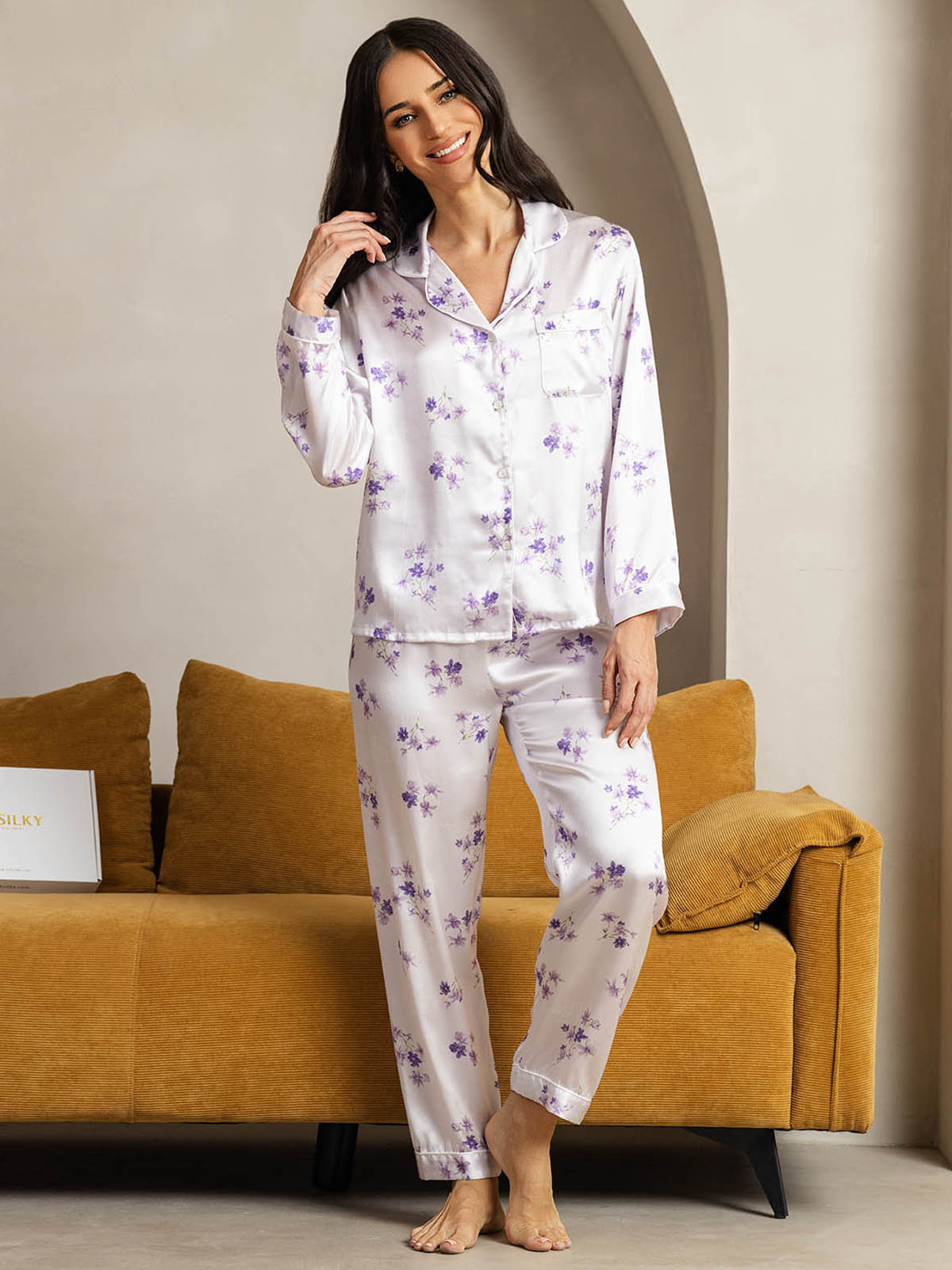 Pure Silk Binding Trim Classic Pajamas Set 2Pcs