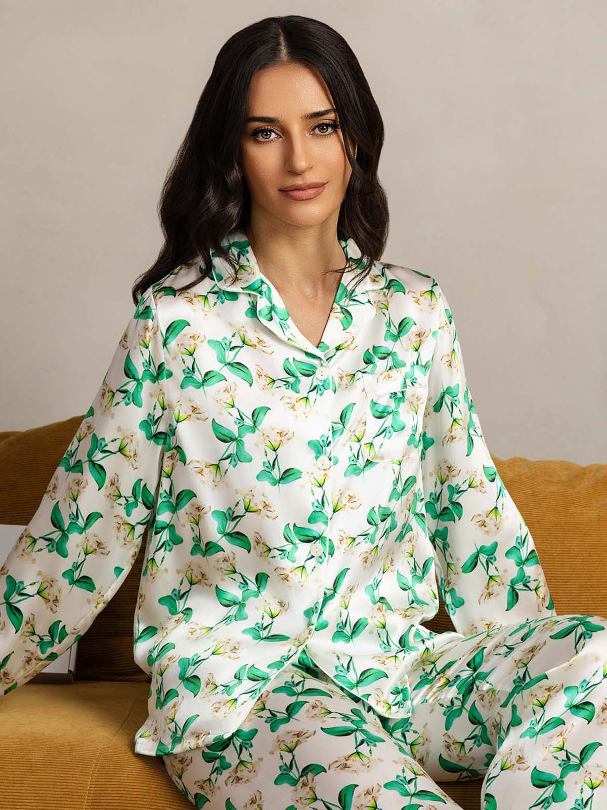 Pure Silk Binding Trim Pajamas Set 2Pcs