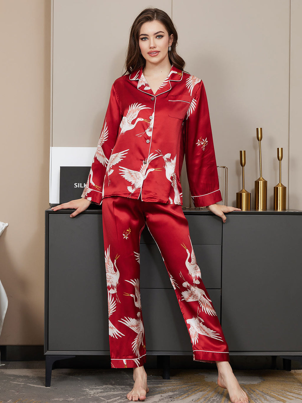 19Momme Women's Silk Crane Print Full Length Pajama Set