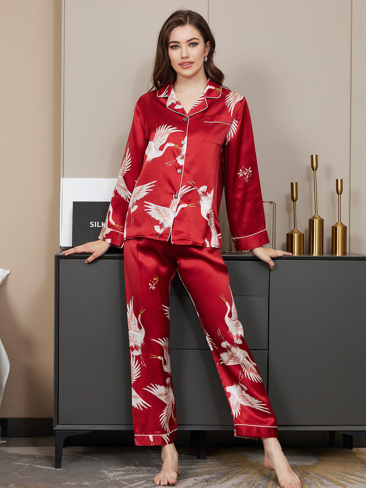 19Momme Women's Silk Crane Print Full Length Pajama Set