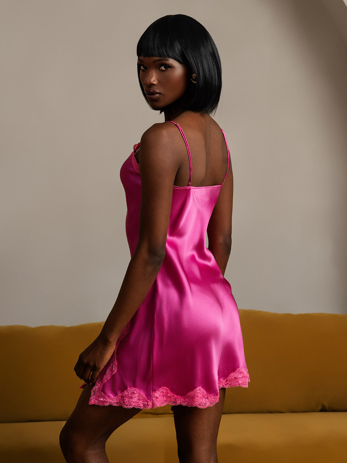 Women's Pure Silk Spaghetti Strap Short Nightgown with Lace Split Design