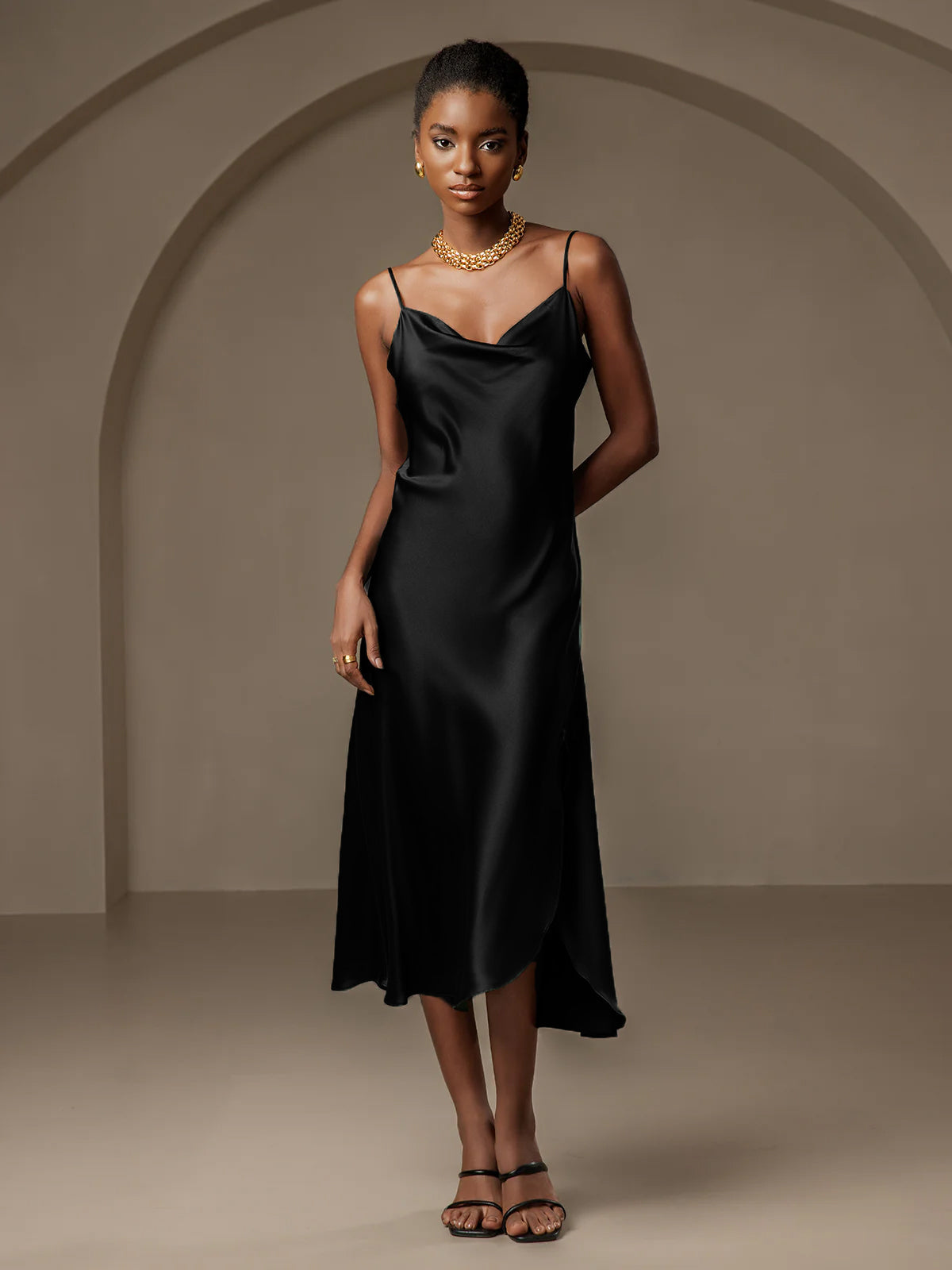 Pure Silk Spaghetti strap Cowl Neck Midi Nightgown