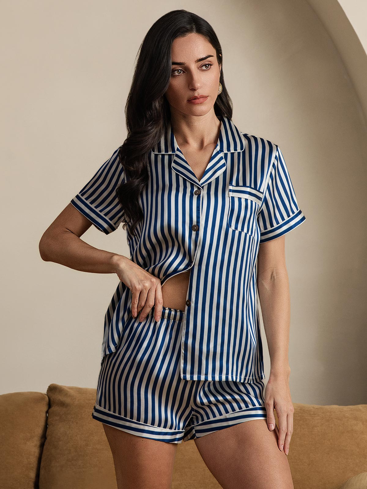 Pure Silk Stripe Print Short Sleeve Women's Pajamas Set