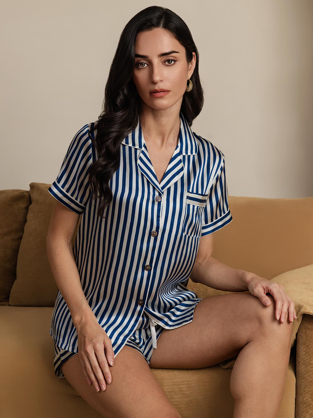 Pure Silk Stripe Print Short Sleeve Women's Pajamas Set