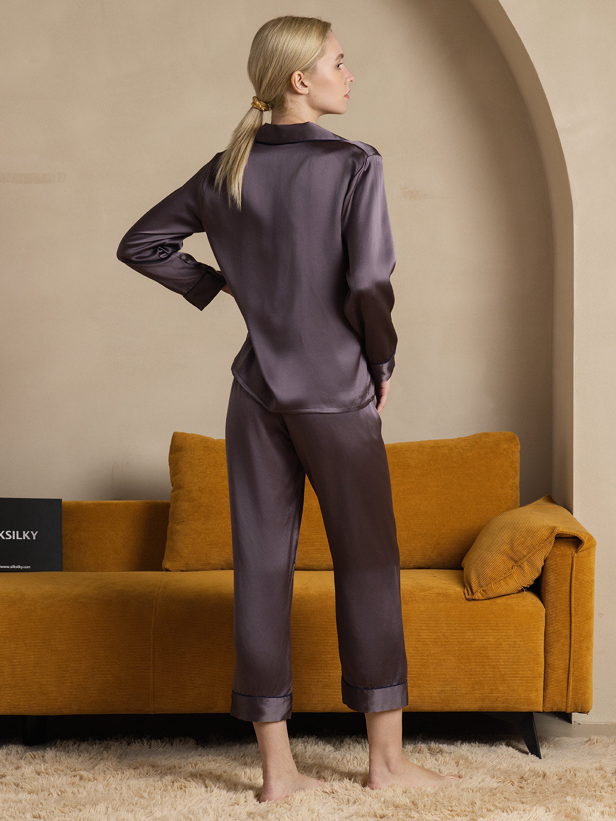 Binding Trim Long Sleeve Pure Silk Pajamas Set