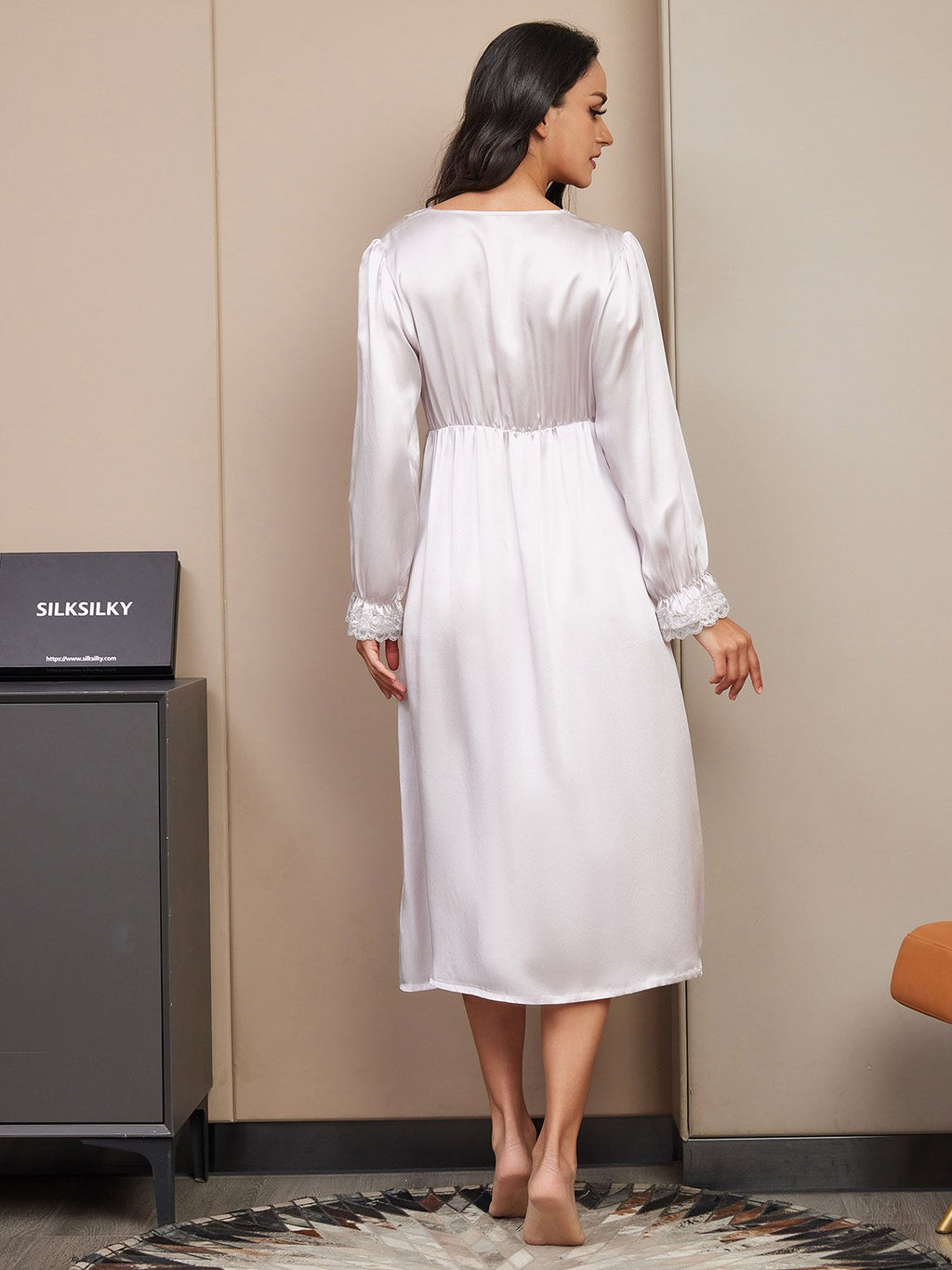 Pure Silk Long Sleeve V-neck Midi Nightgown with Lace Design