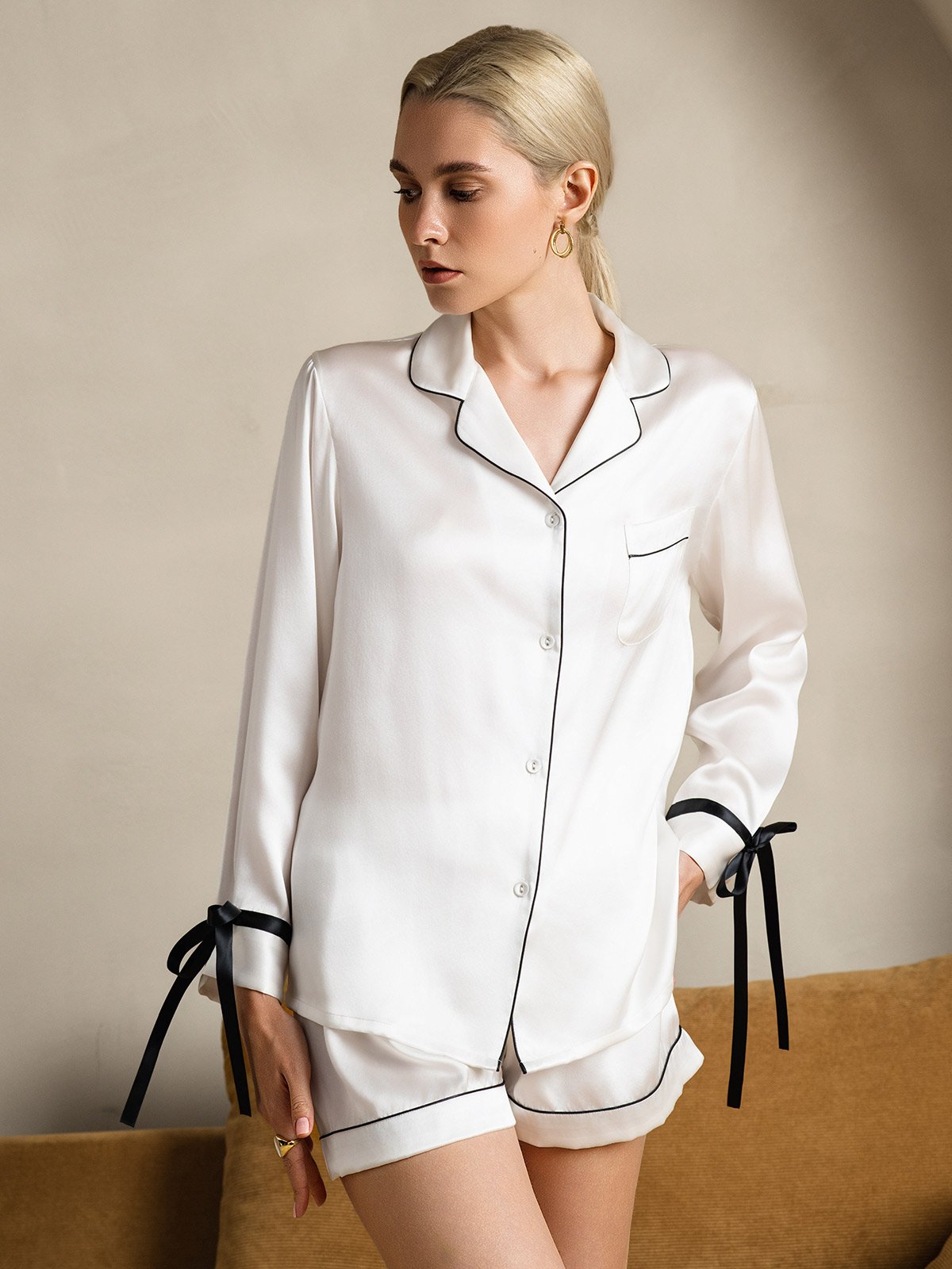 Pure Silk Long Sleeve Shorts Pajama Set