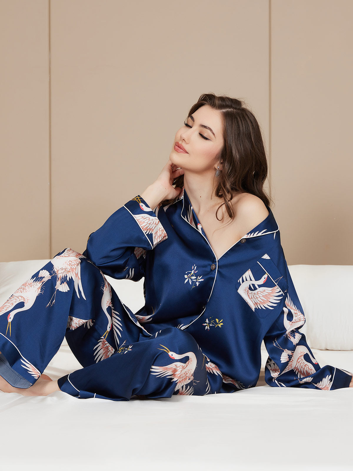 19Momme Women's Silk Crane Print Full Length Pajama Set