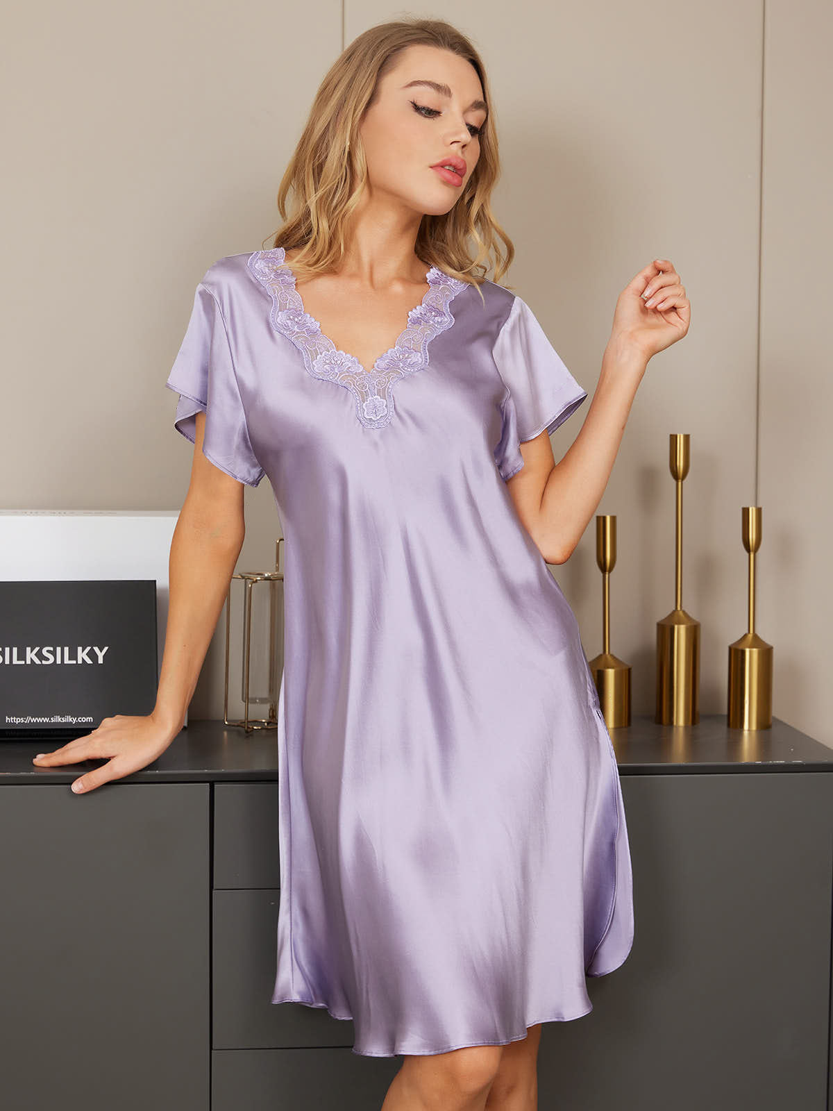 Pure Silk Short Sleeve V-neck Short Nightgown with Lace Split Design