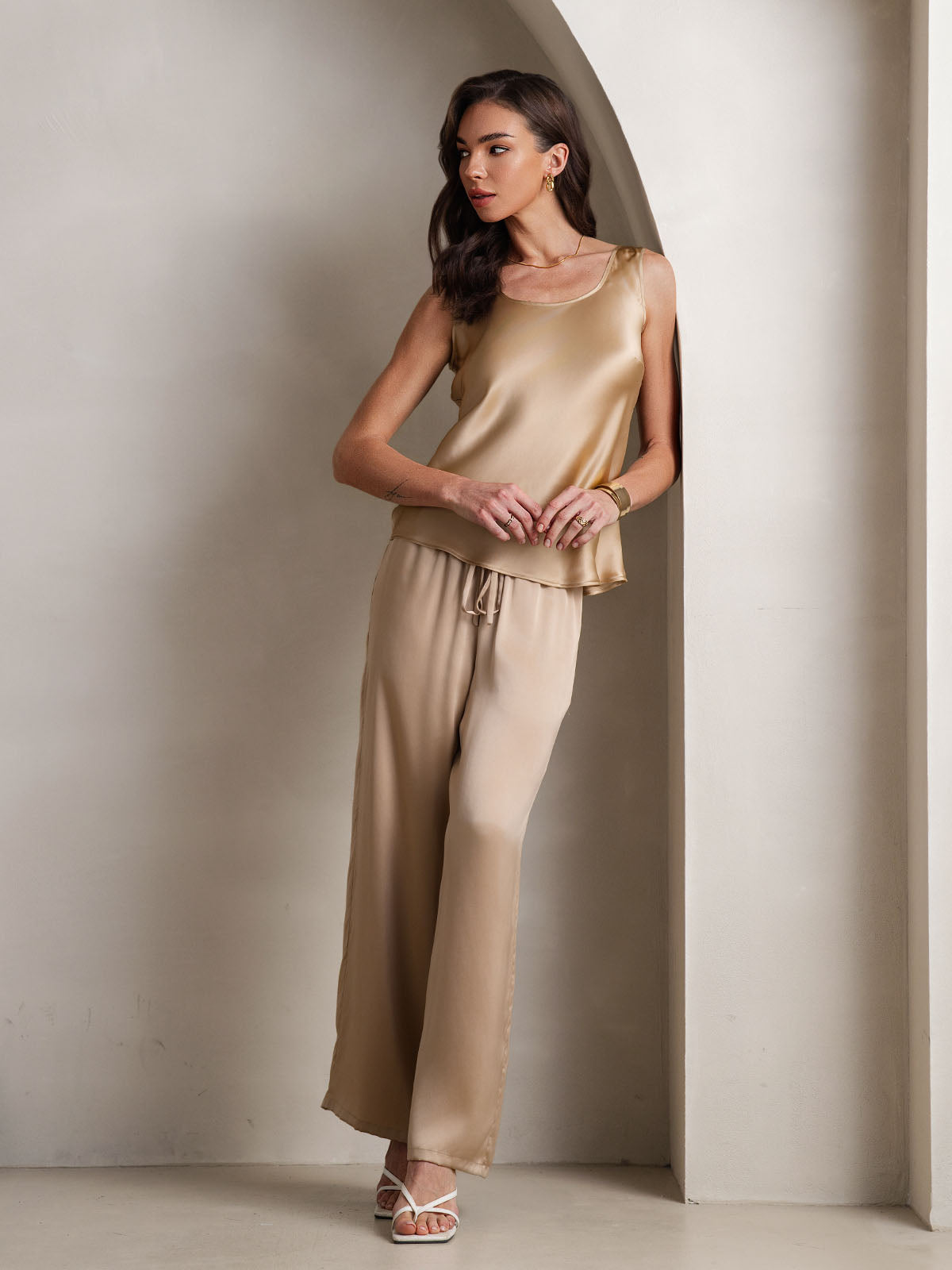 Pure Silk Tank Top & Wide Leg Pants Pajama Set