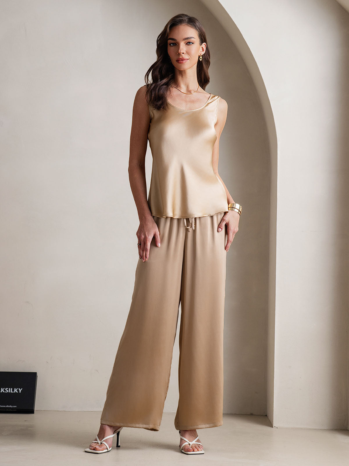 Pure Silk Tank Top & Wide Leg Pants Pajama Set