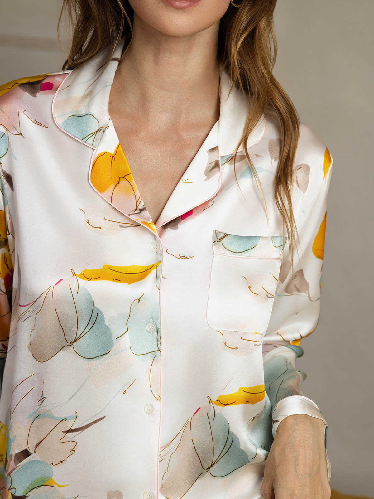 Pure Silk Binding Trim Classic Pajamas Set 2Pcs