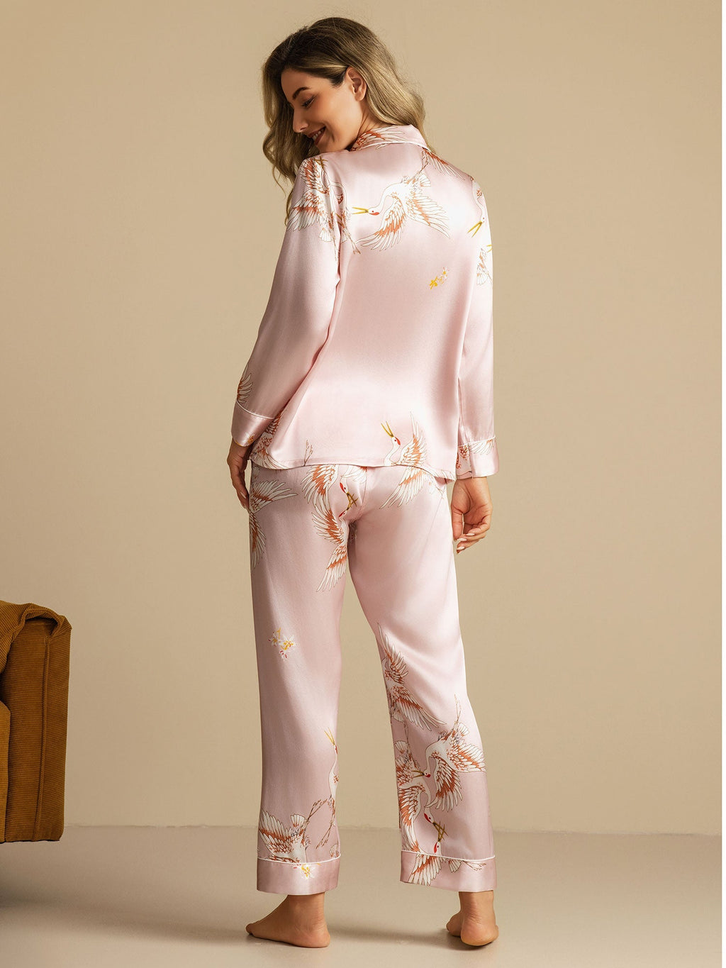 19Momme Women's Silk Crane Print Full Length Pajama Set