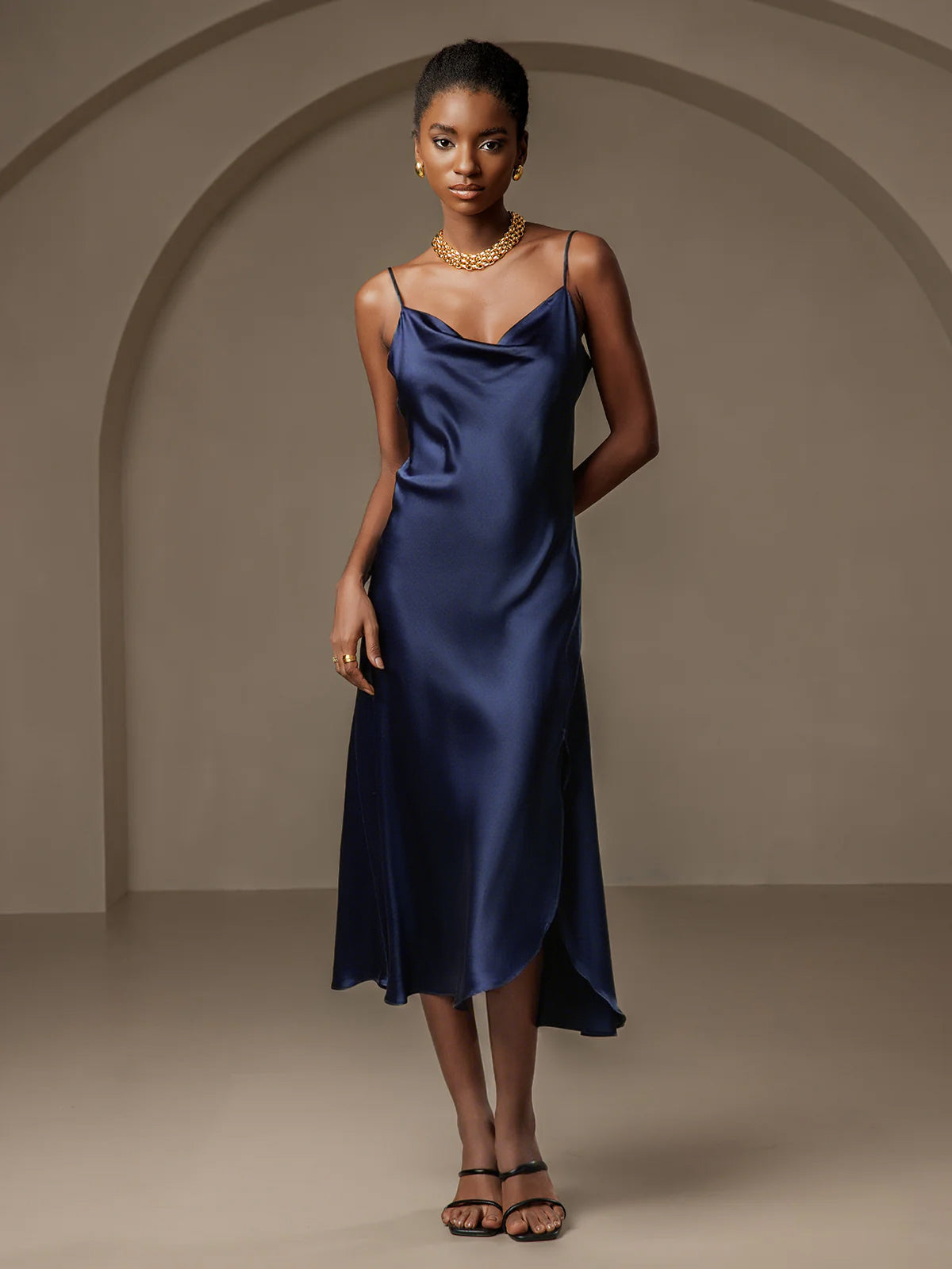 Pure Silk Spaghetti strap Cowl Neck Midi Nightgown